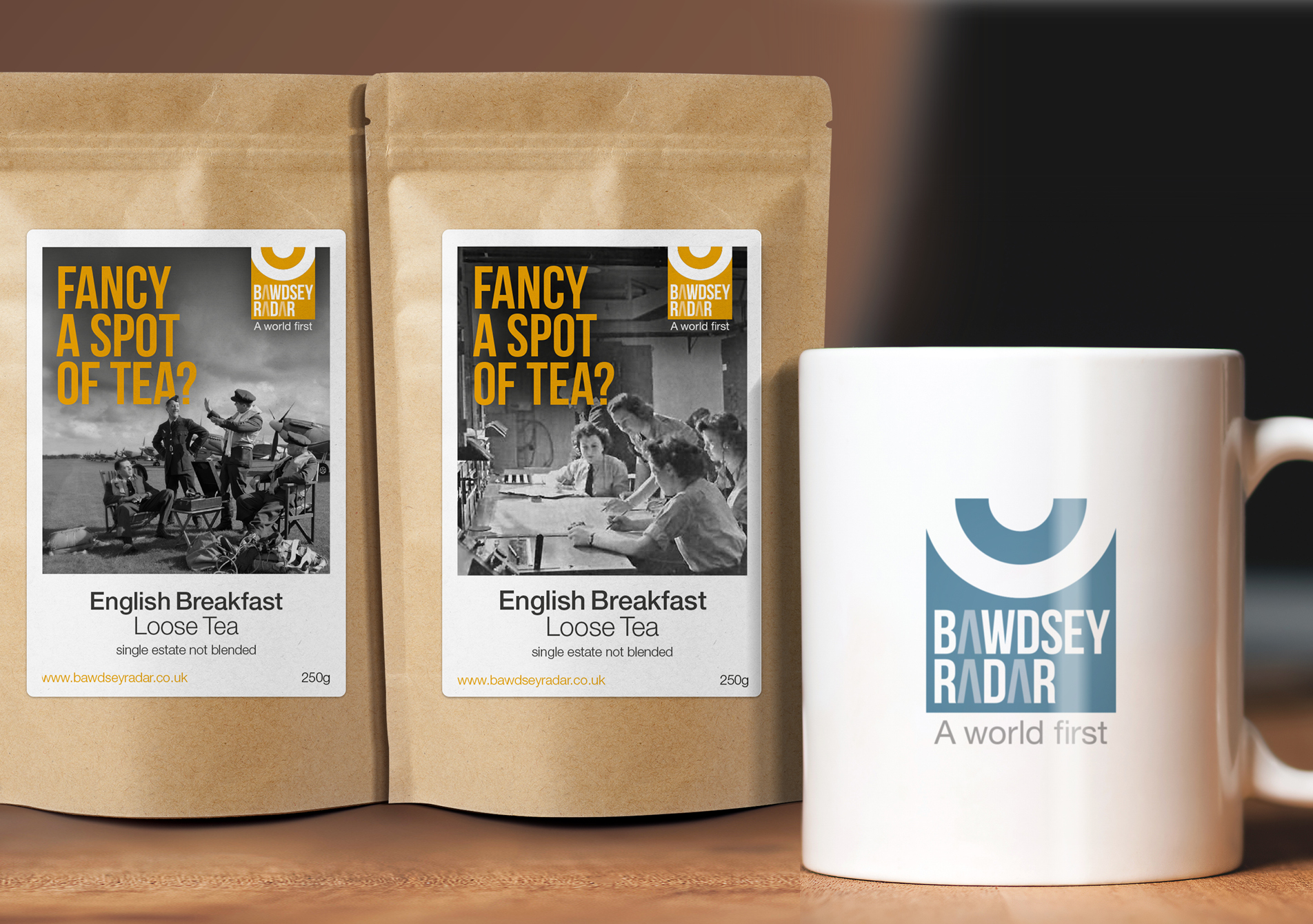 Two bags of Bawdsey Radar loose leaf tea next to a Bawdsey Radar mug