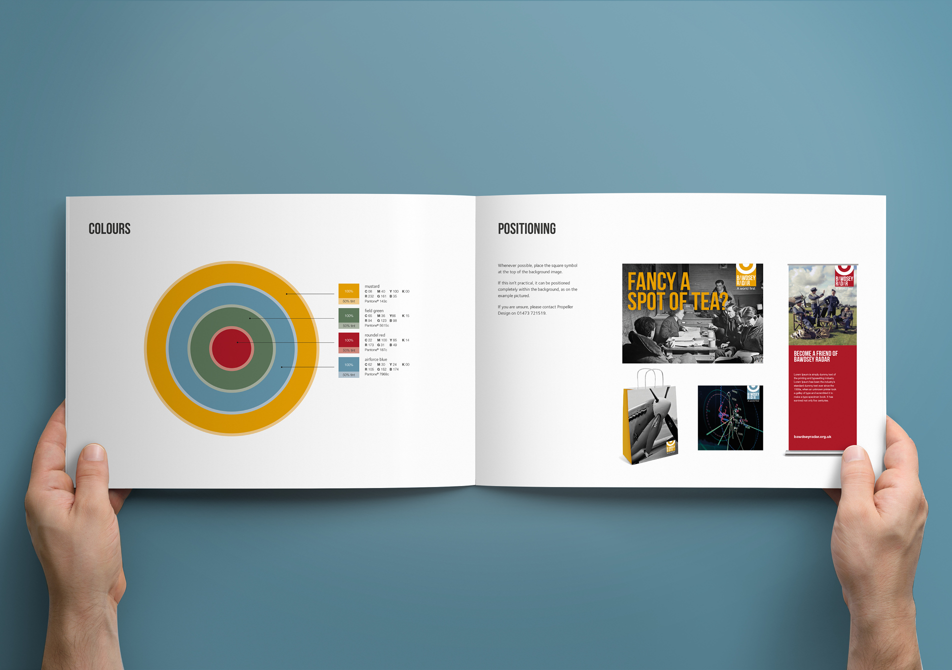 Spread from Bawdsey Radar brand guidelines on blue background