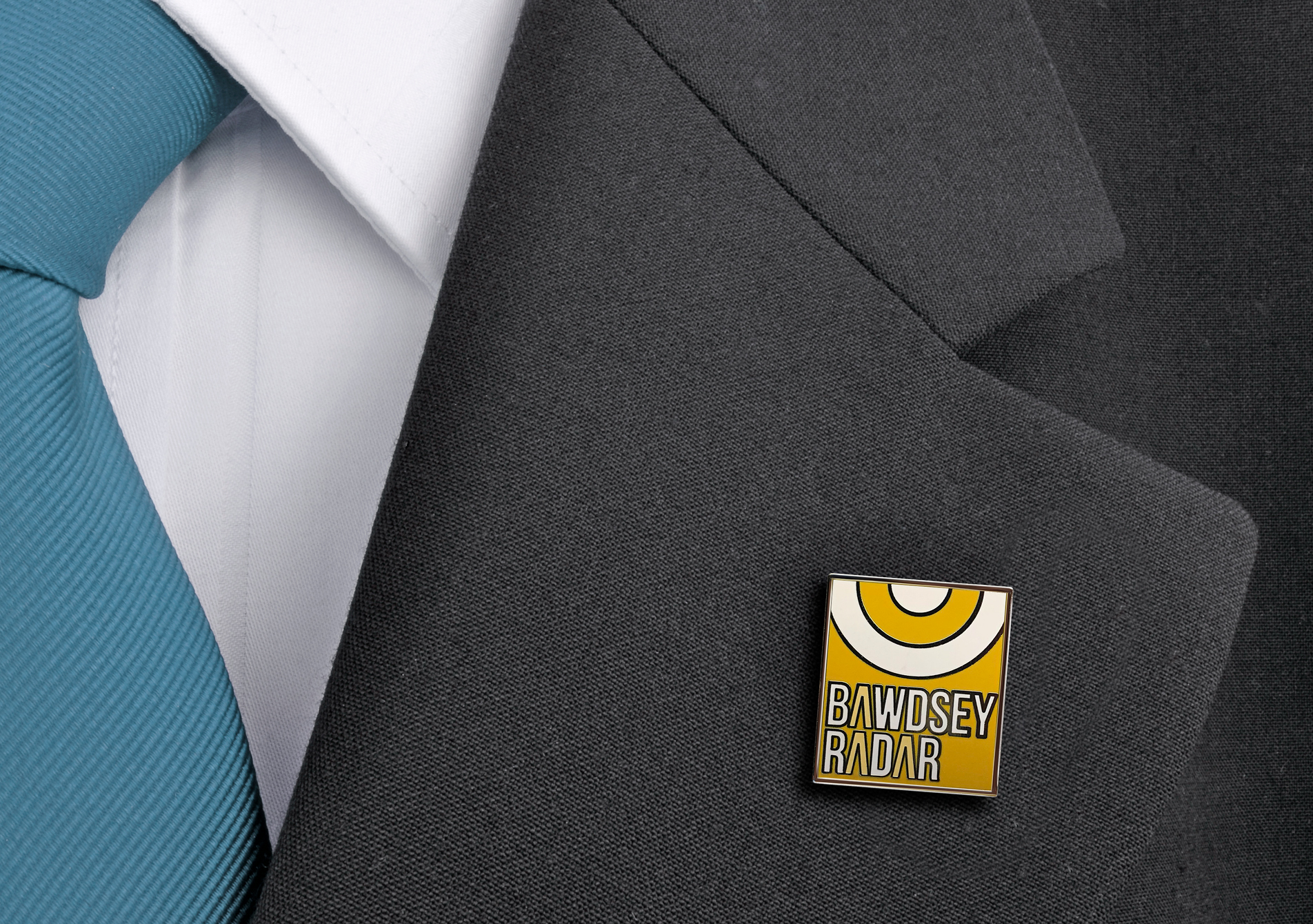Bawdsey radar pin badge on black lapel