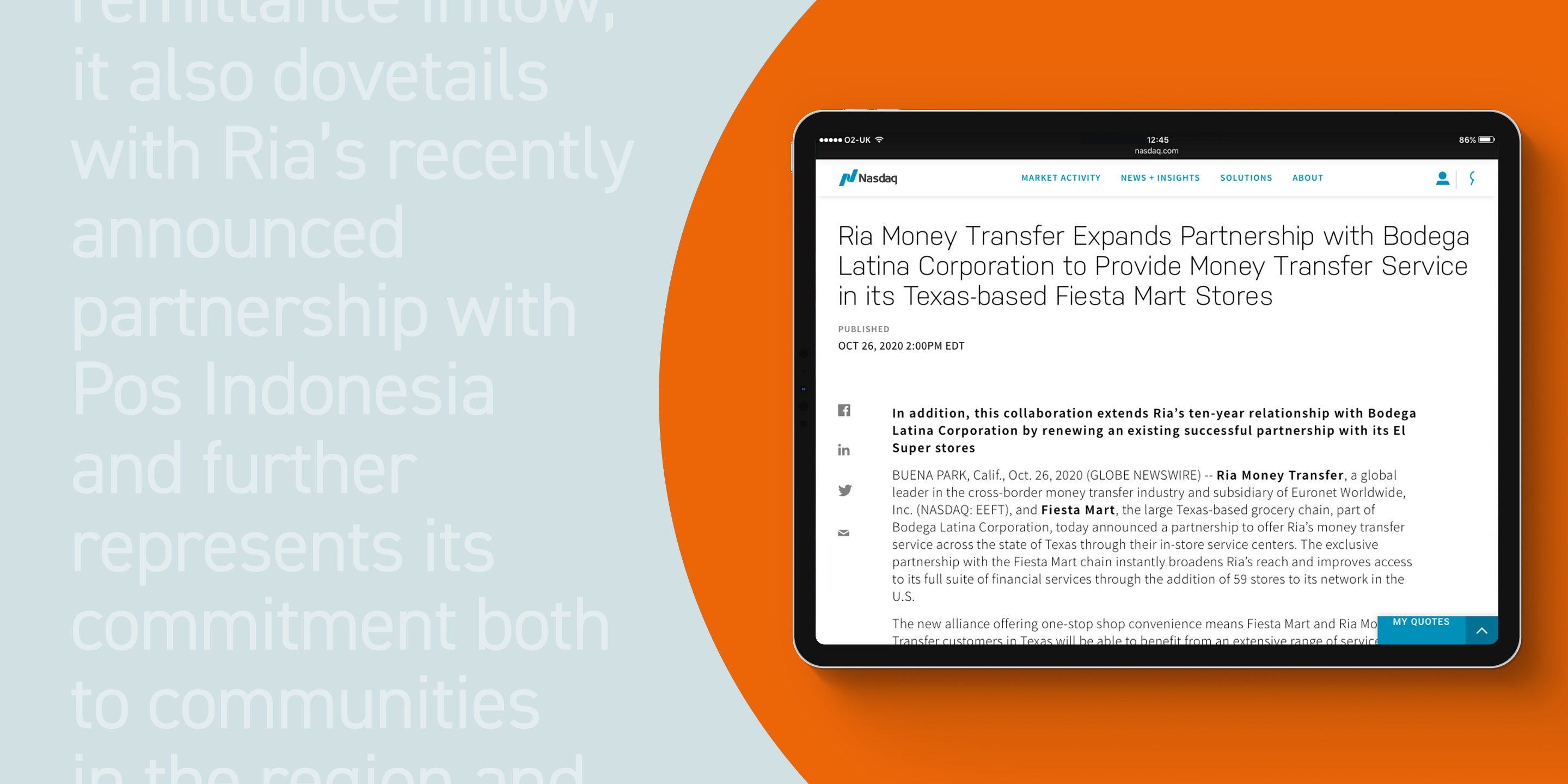 iPad displaying a page from a financial website