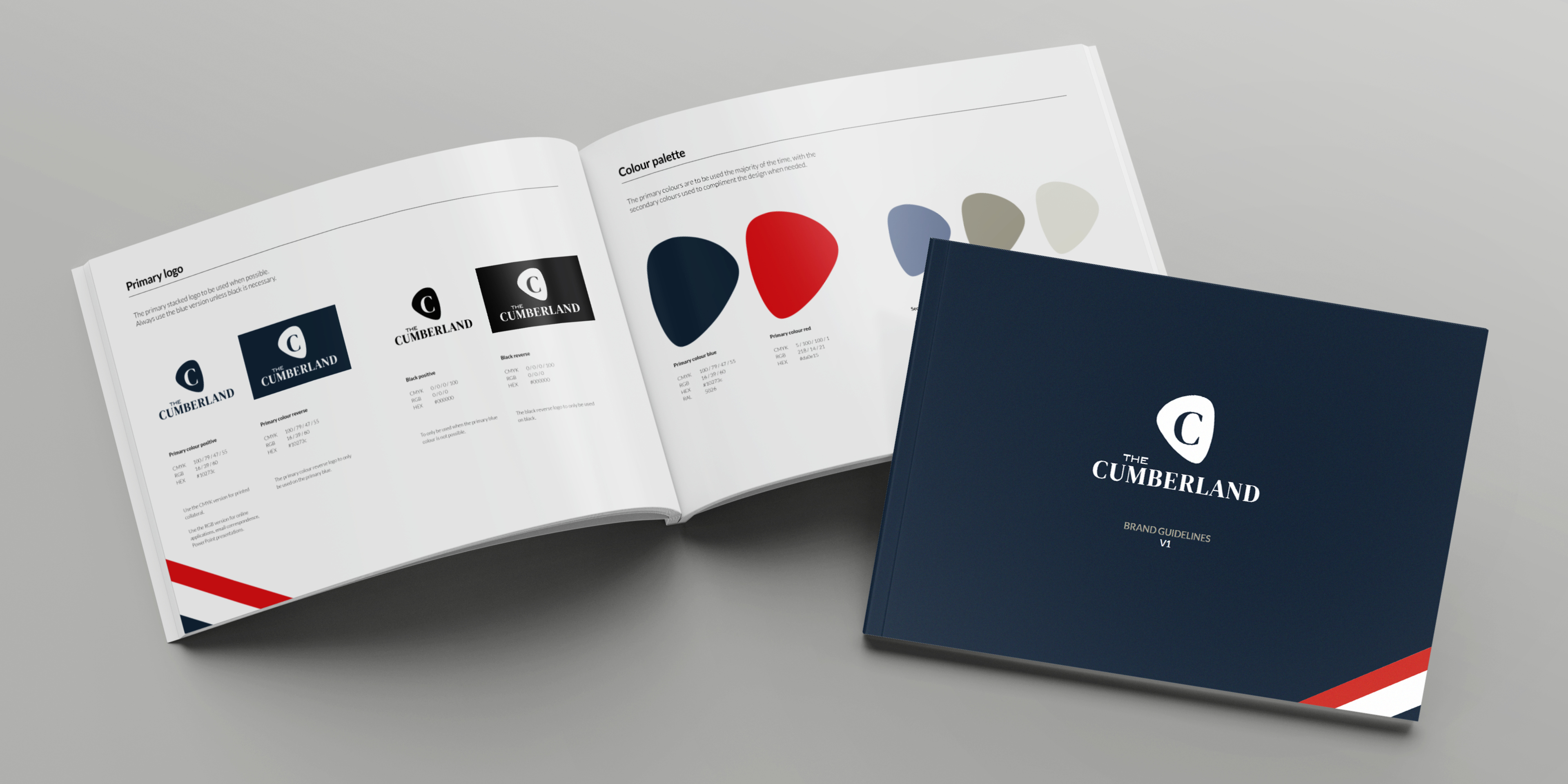 Cover and spread from The Cumberland brand guidelines showing logo usage