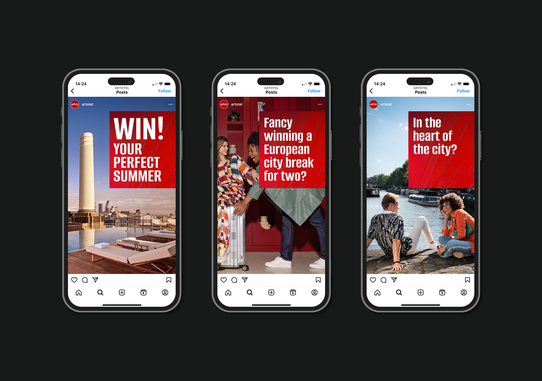 Three images of a mobile phone displaying art'otel creative branding for Instagram stories competition on black background