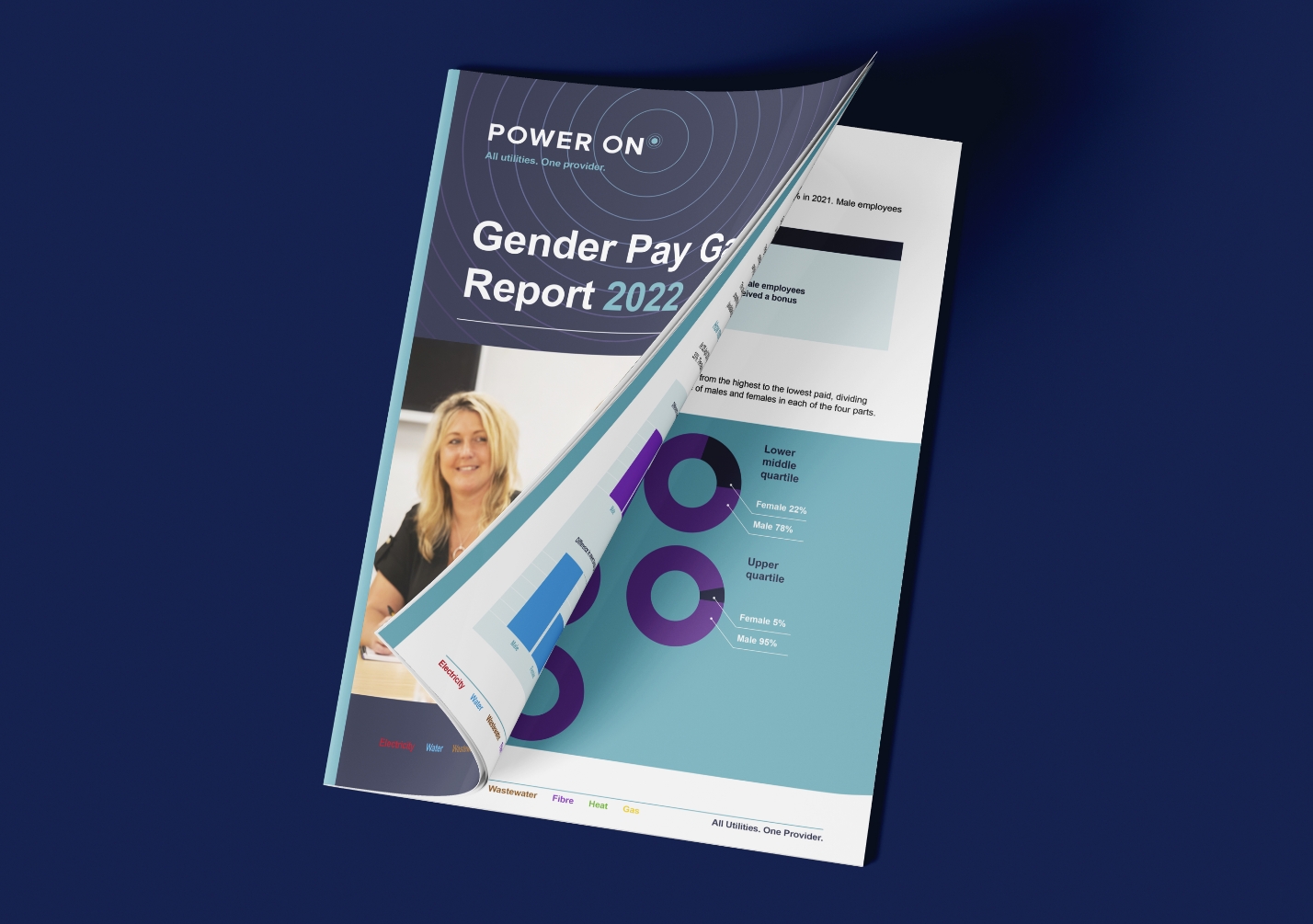 Power On brand brochure on a blue background