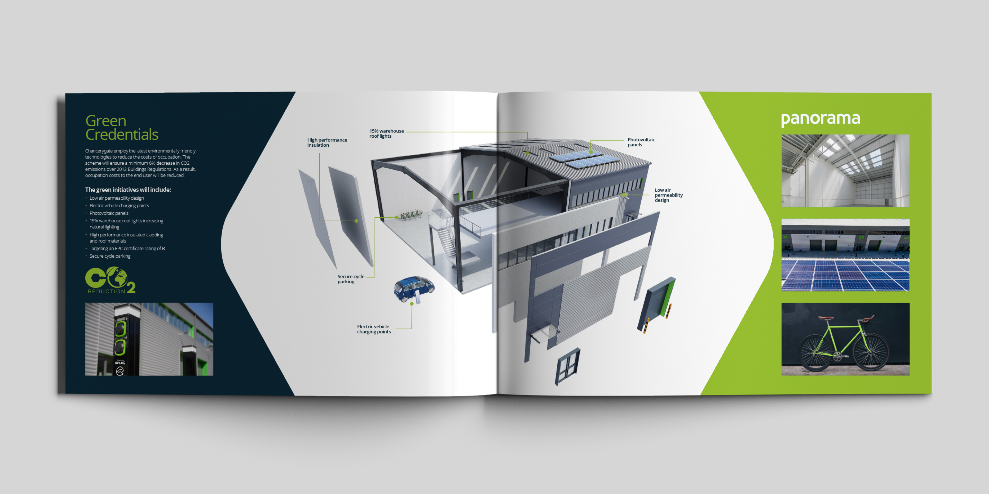 A Chancerygate marketing brochure spread shown on a grey background