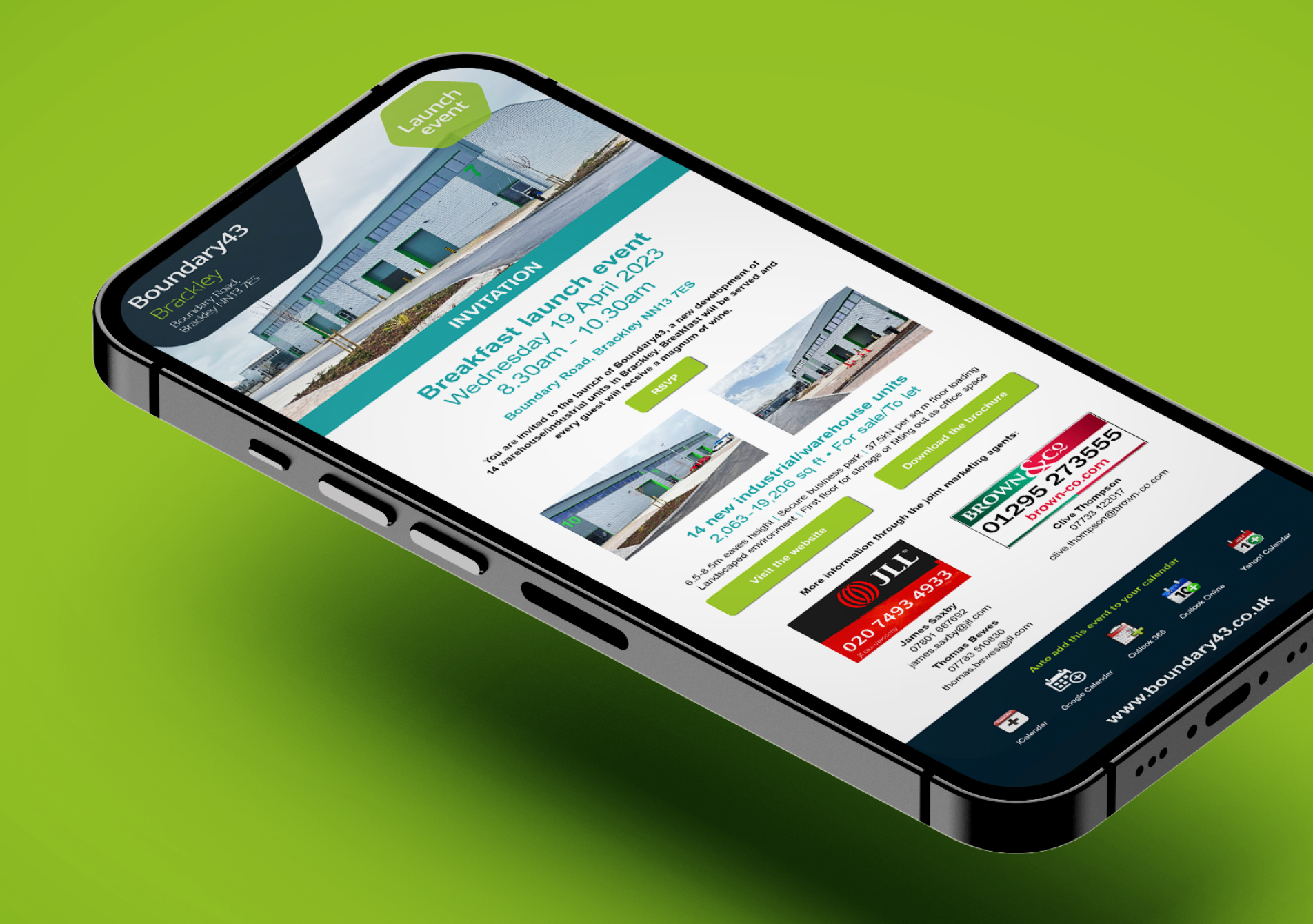 A Chancerygate development marketing email displayed on a mobile phone on a green background