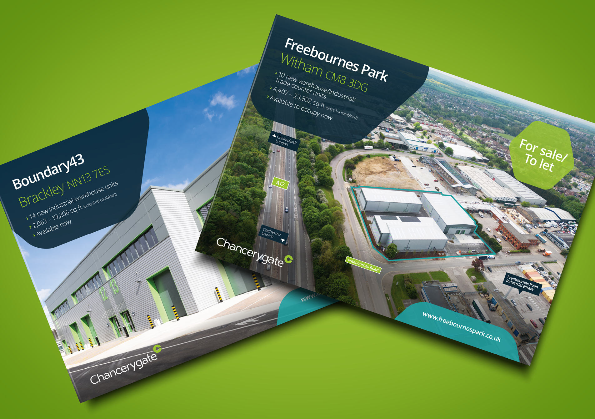 Two Chancerygate development marketing brochure covers displayed on a green background