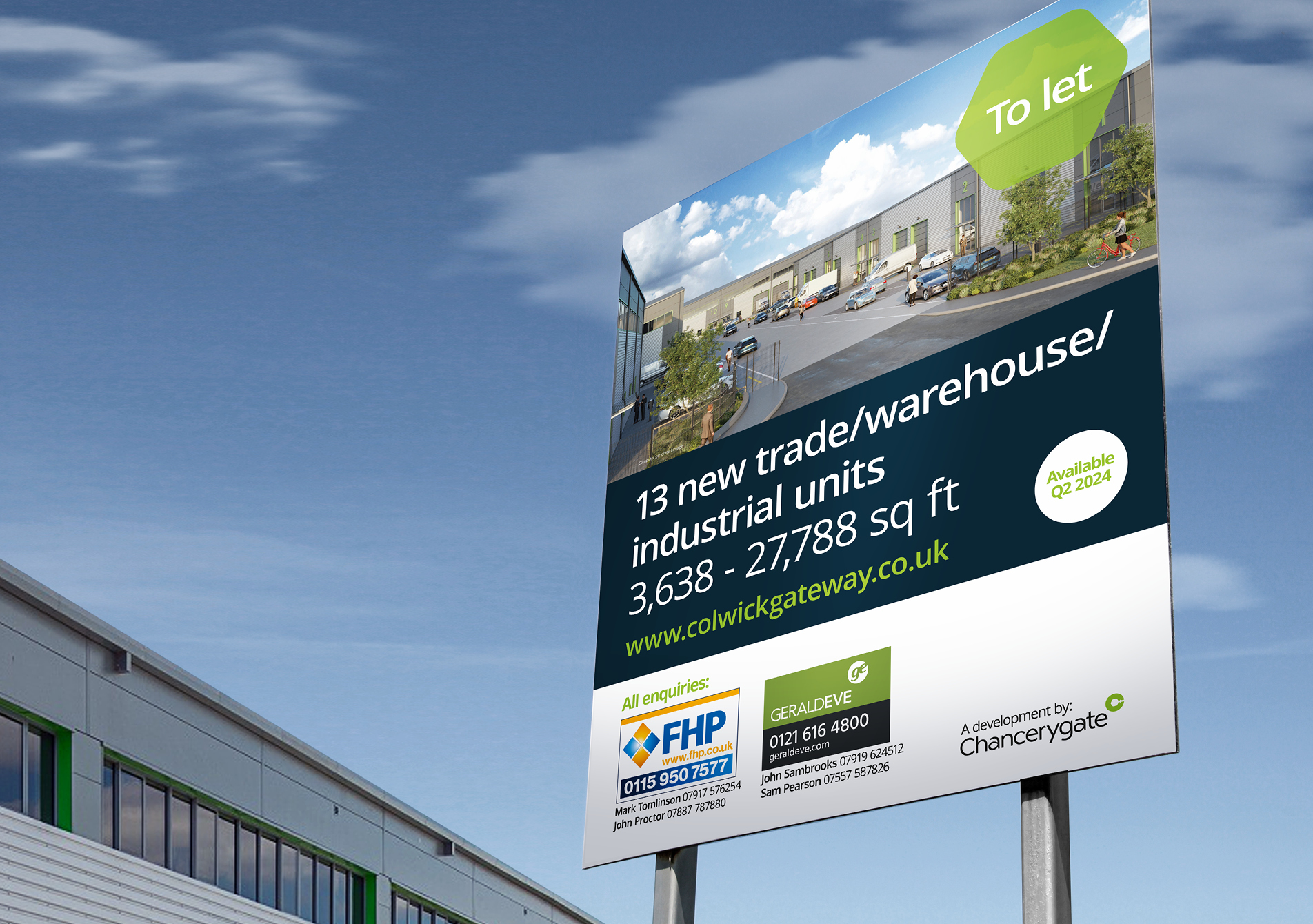 A Chancerygate marketing board displayed against a blue sky