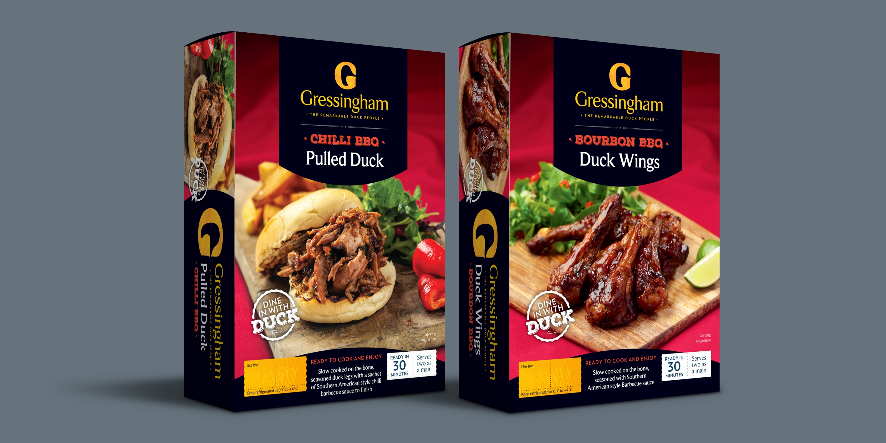Packaging designs of Gressingham products on a grey background