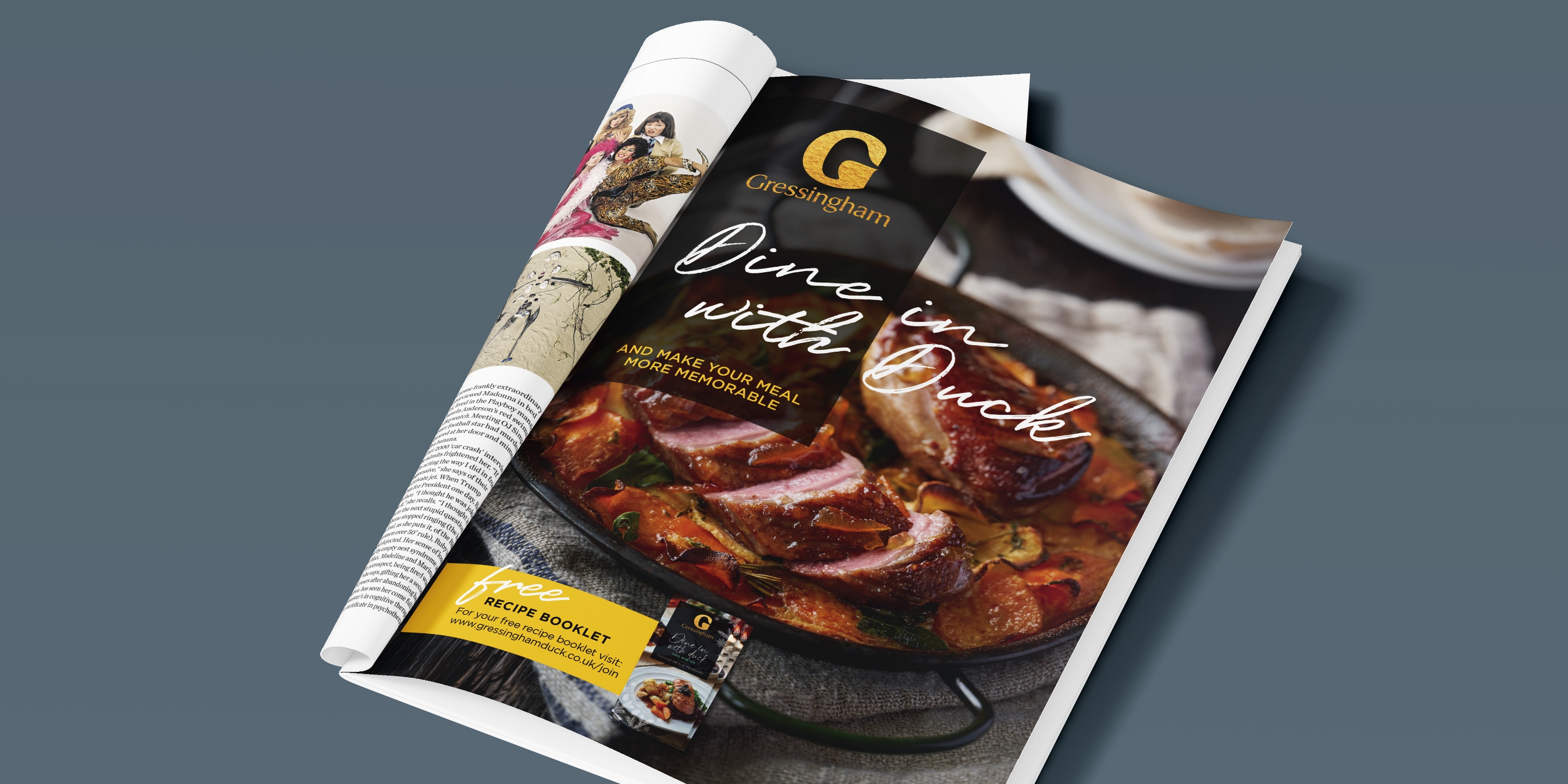 Magazine on a grey background showing a Gressingham advertisement