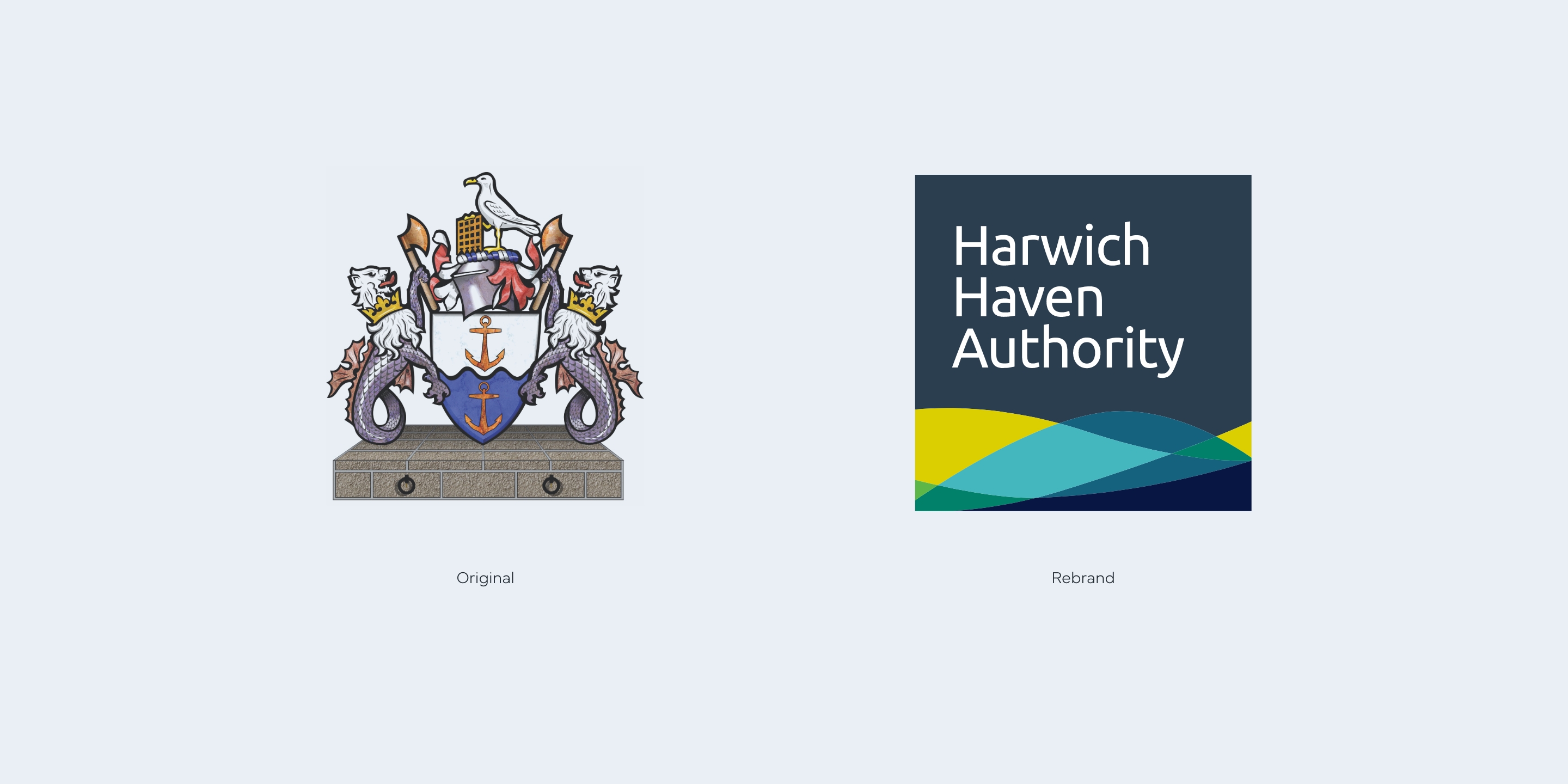 Brand designs of the old and new Harwich Haven Authority logos on a grey background