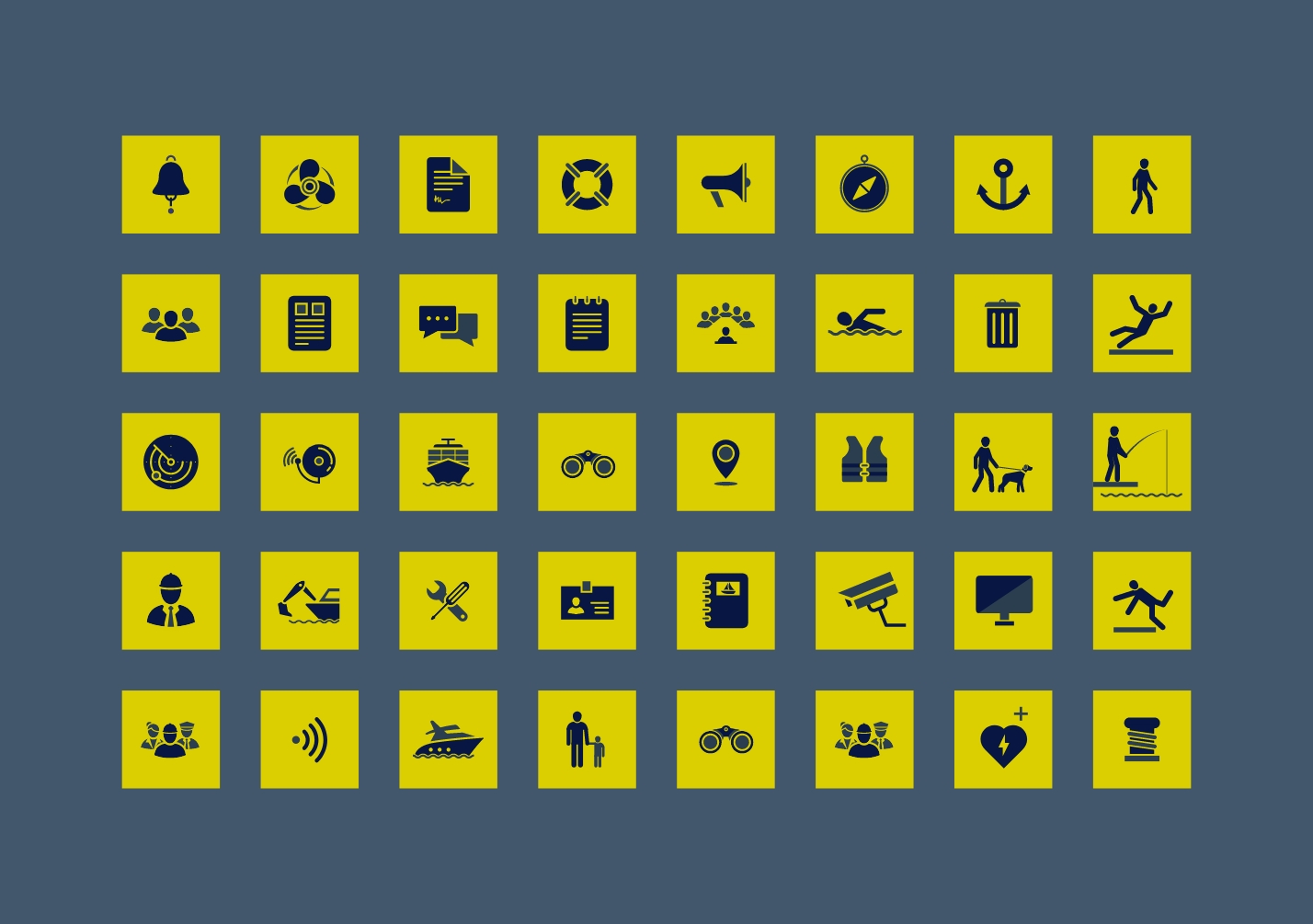 Yellow rebranded Harwich Haven icons on a blue background