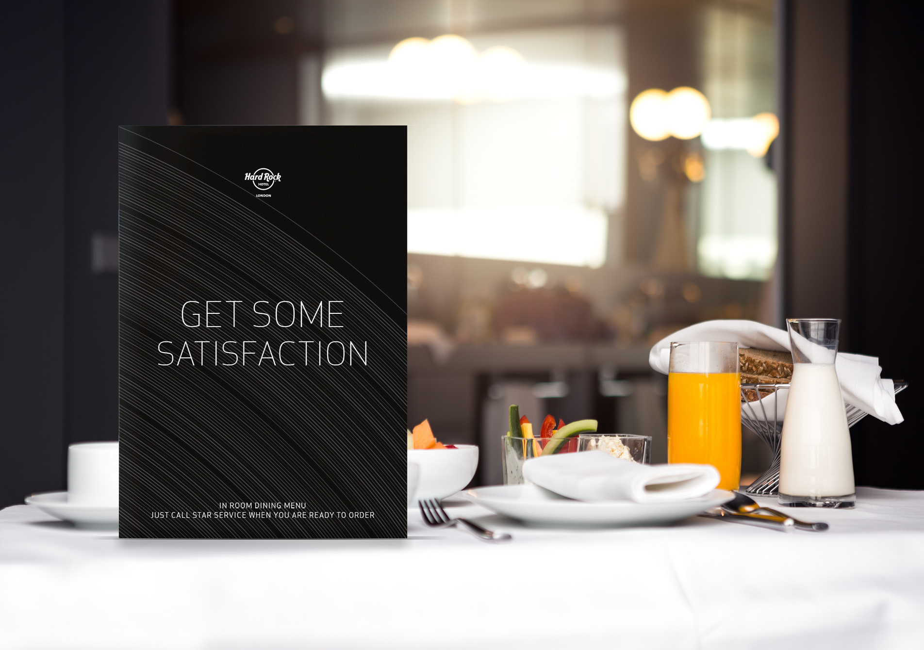Hard Rock Hotel London room service menu print design displayed on food trolley