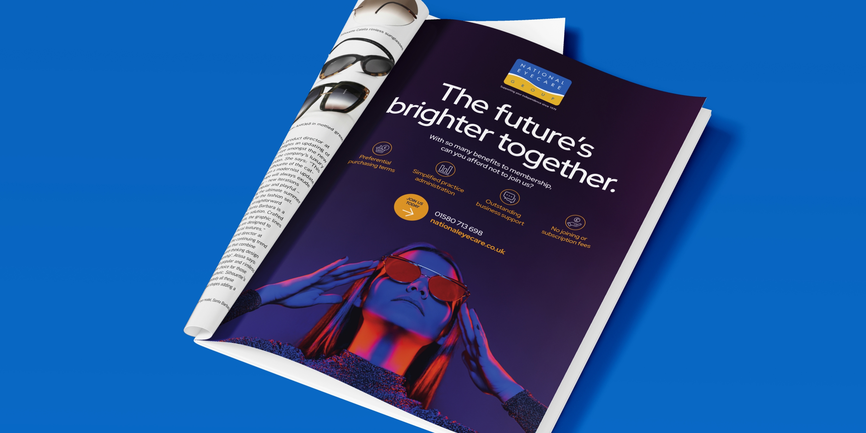 Magazine on a blue background showing a National Eyesore Group advertisement