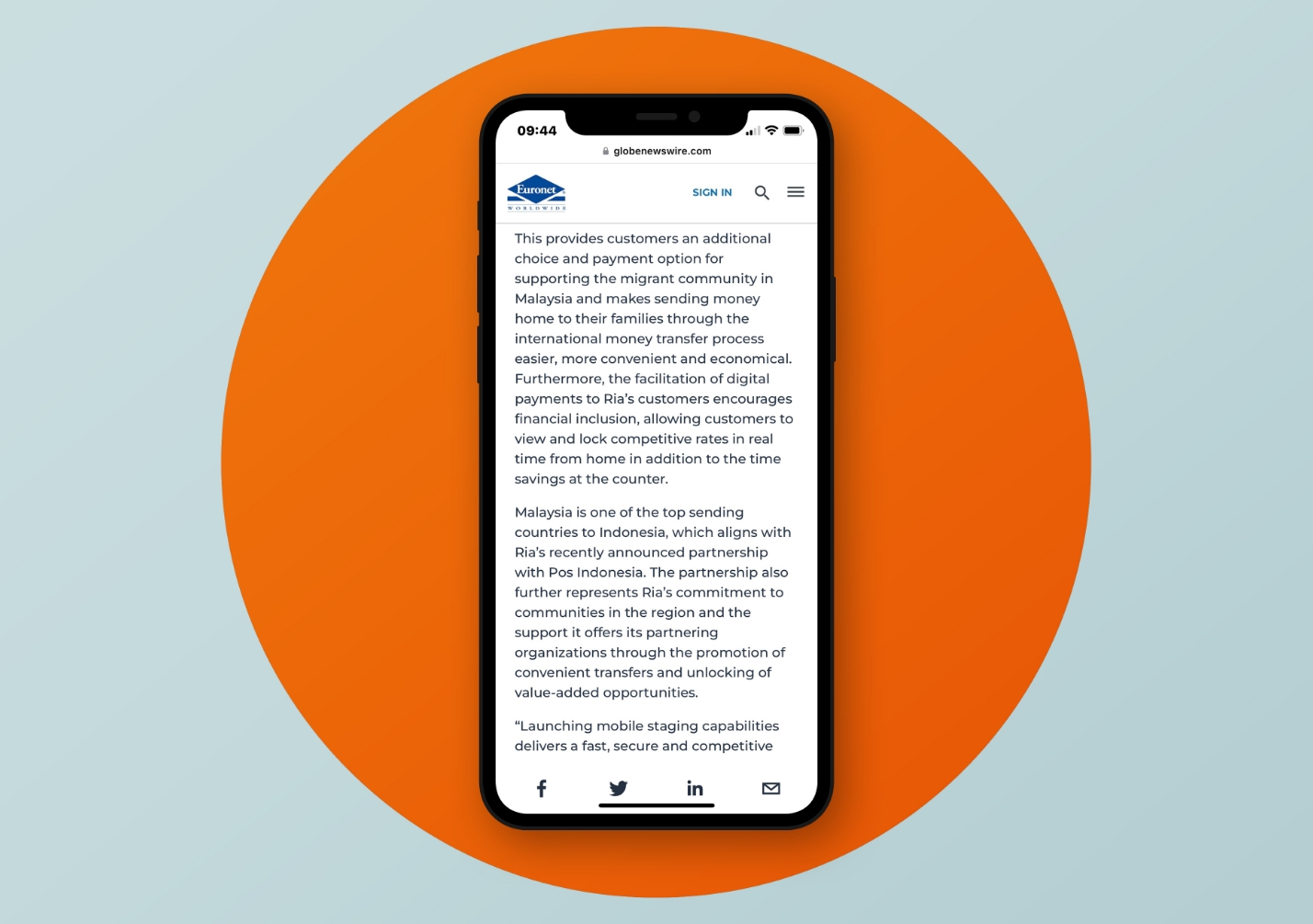 iPhone displaying a page from a financial website