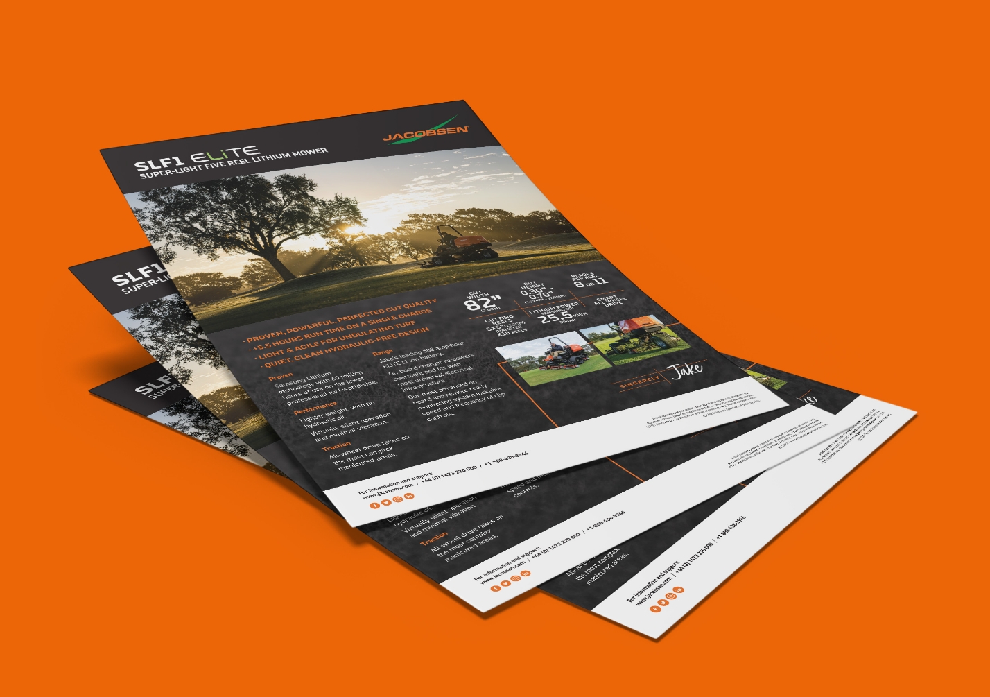Printed specifications design for Jacobsen on an orange background