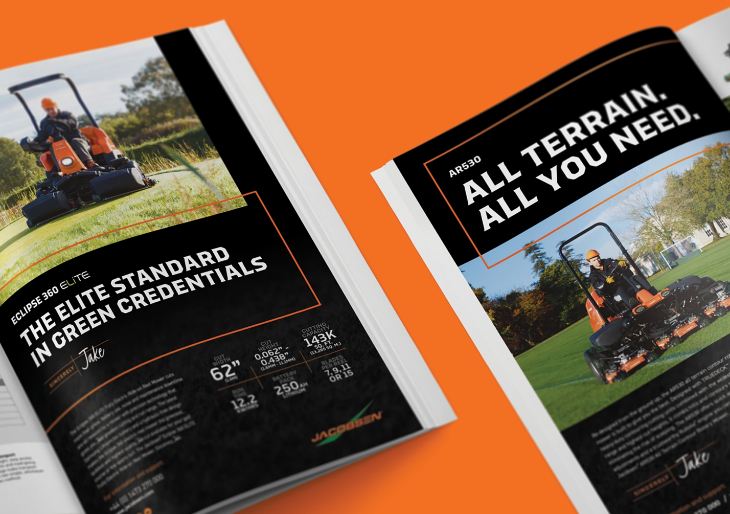 Close up of a magazine showing Jacobsen advertising on an orange background