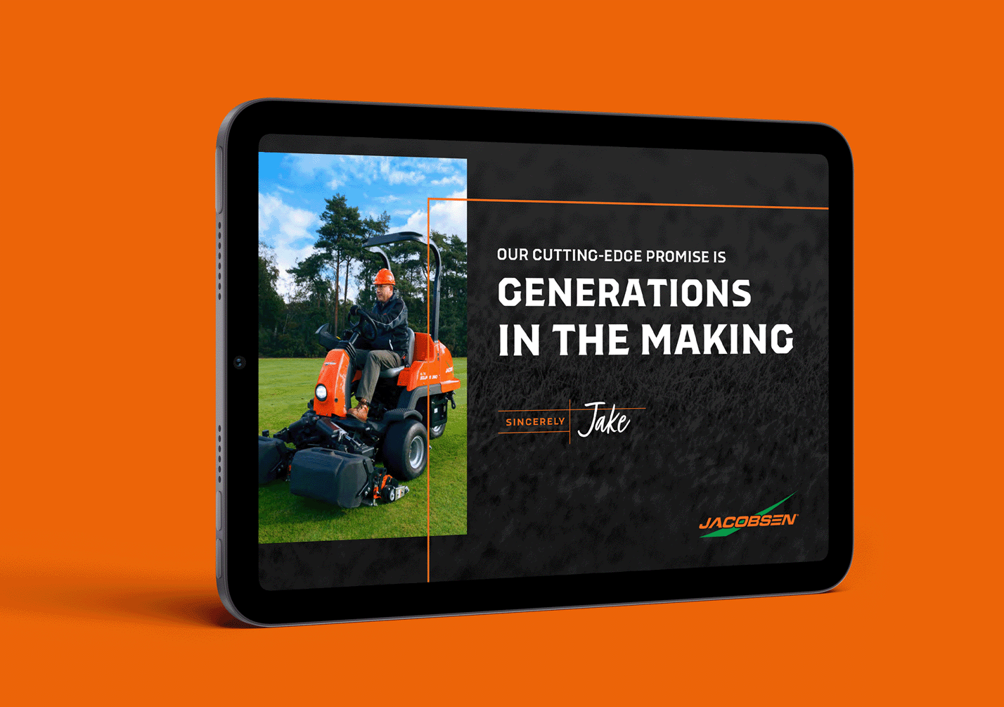 iPad showing Ransomes Jacobsen PowerPoint design on an orange background