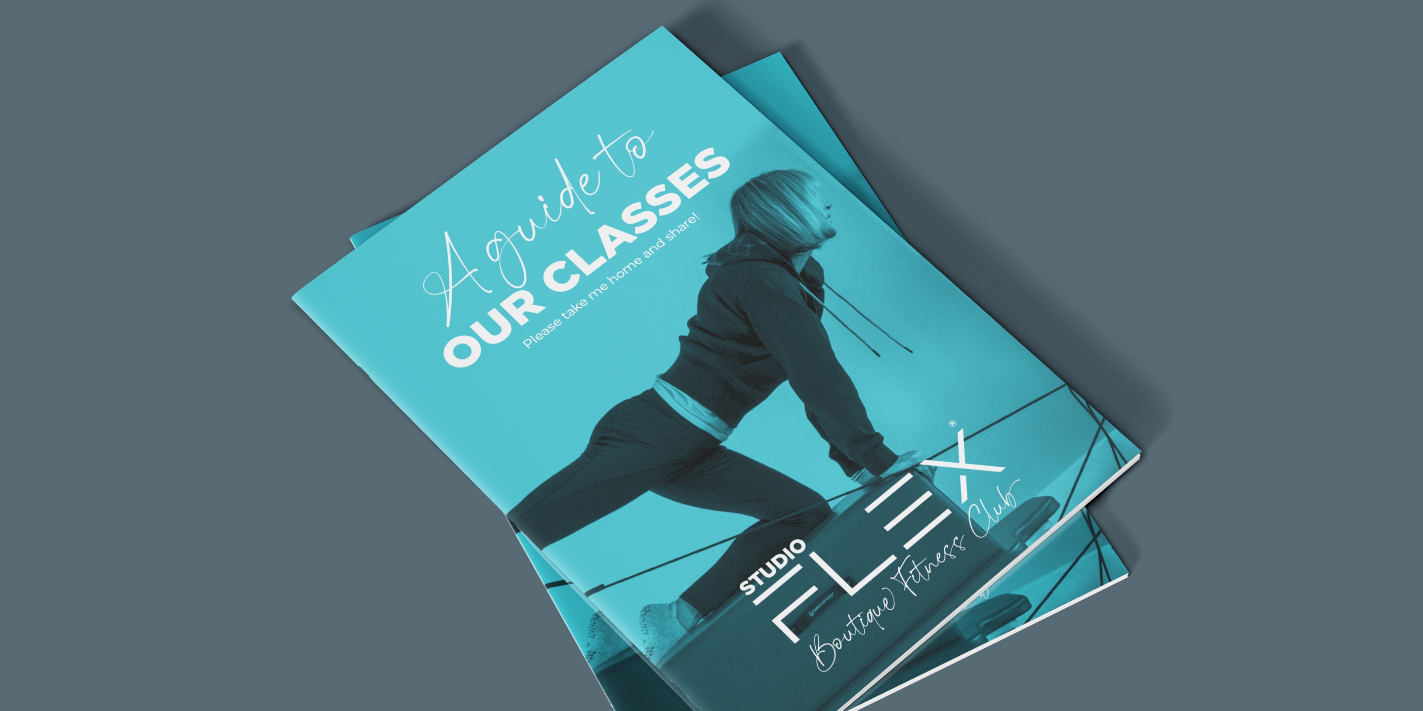 Print design for Studio Flex brochure on a grey background