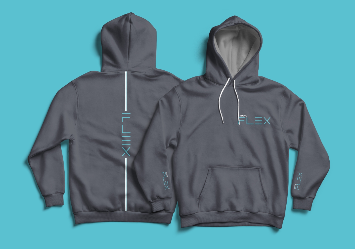 Hoodies with the Studio Flex logo displayed on a blue background
