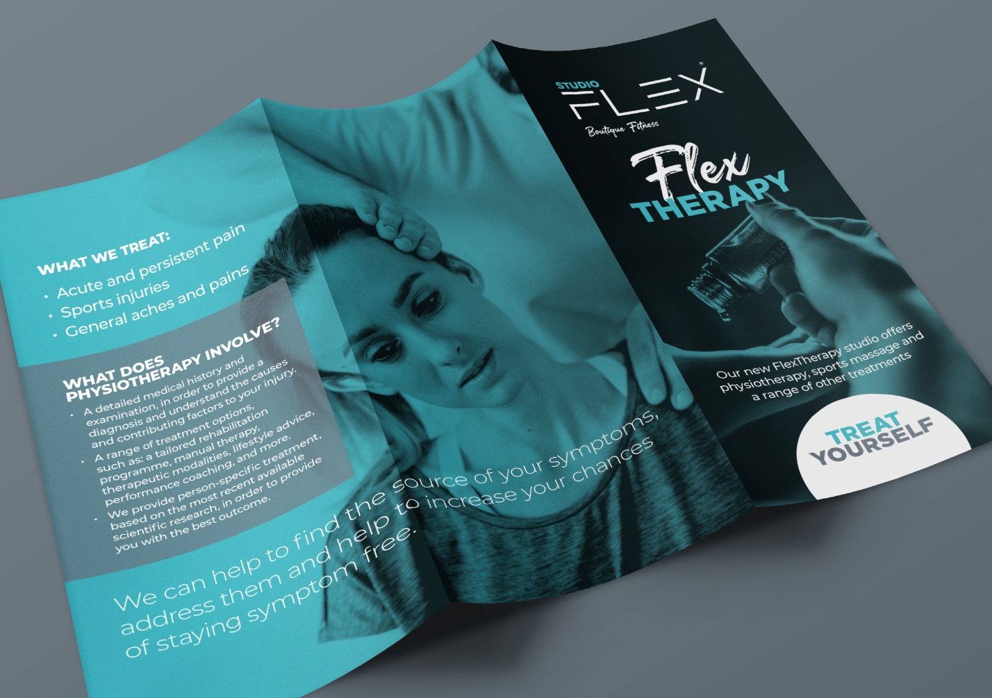 Print design for Studio Flex DL leaflet on a grey background