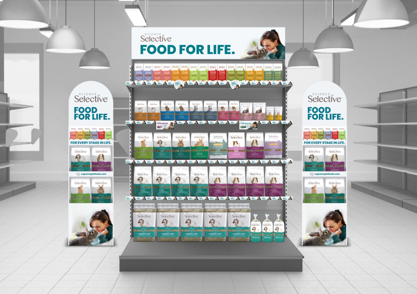 Mockup of shelving units displaying Science Selective products