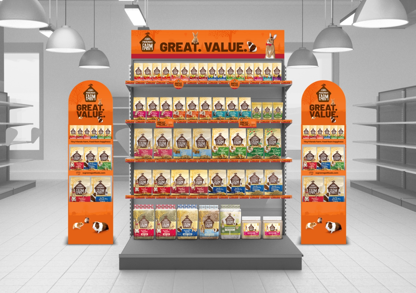 Mockup of shelving units displaying Tiny Friends Farm products