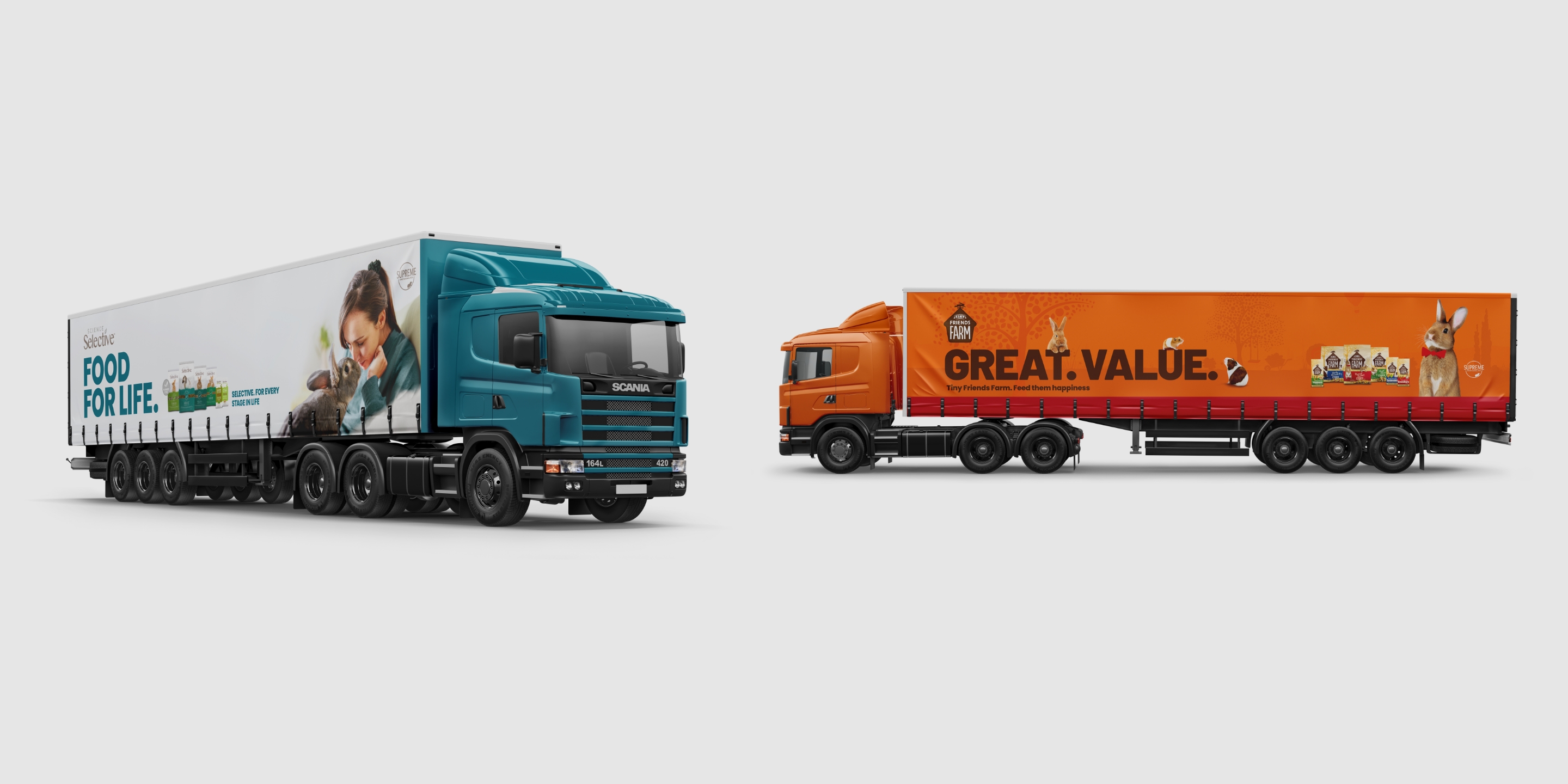 Advertising on the side of lorries showing the Supreme Petfoods branding on a grey background