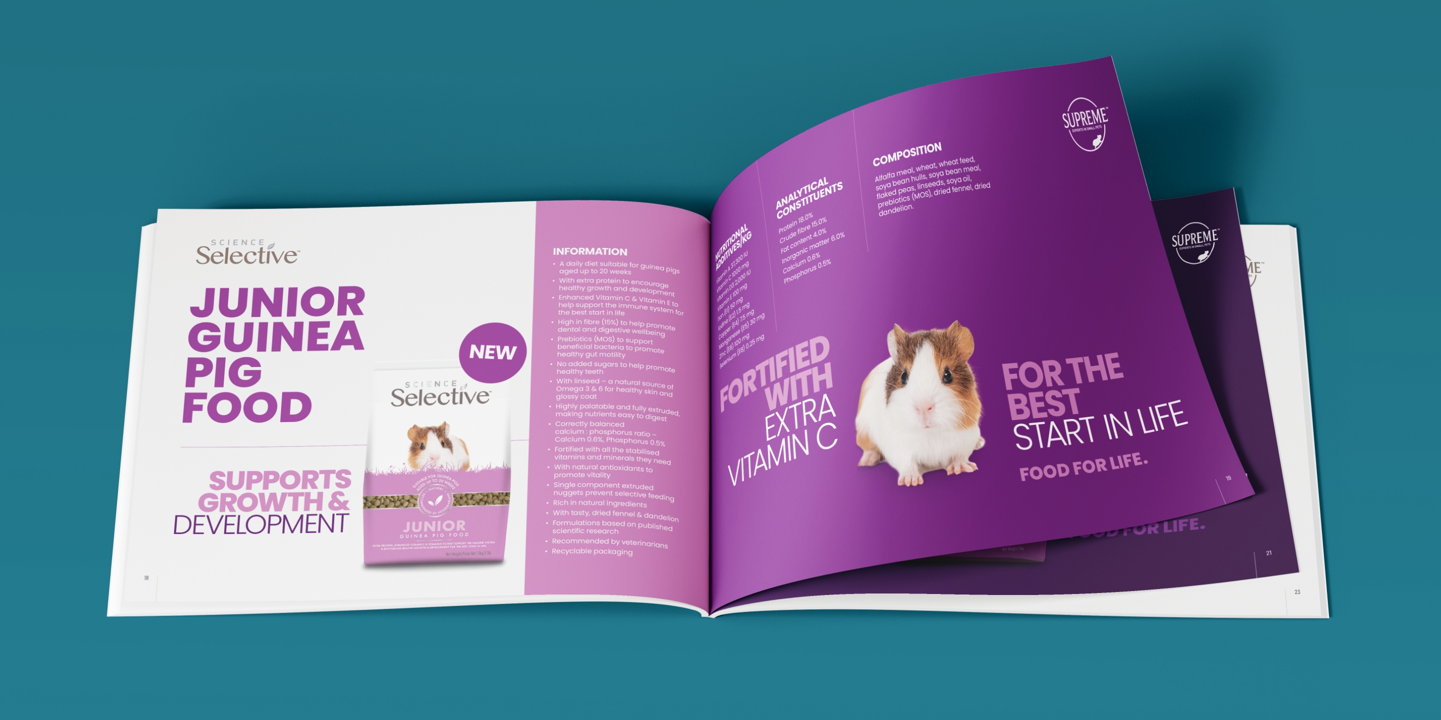 Spread from the Supreme Petfoods brochure on a green background